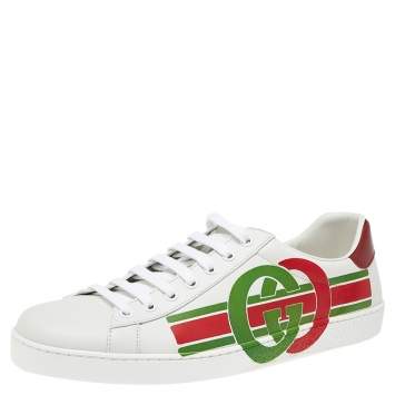 Pre Owned Gucci White Leather Interlocking G Ace Lace Up Sneakers Size 43.5