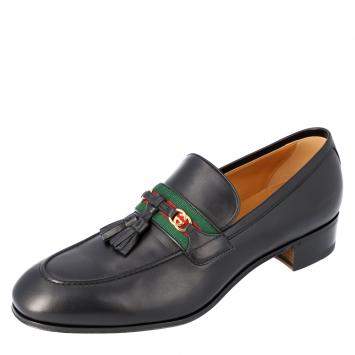 Pre Owned Gucci Black Web and Interlocking G Loafers UK 8/EU 42
