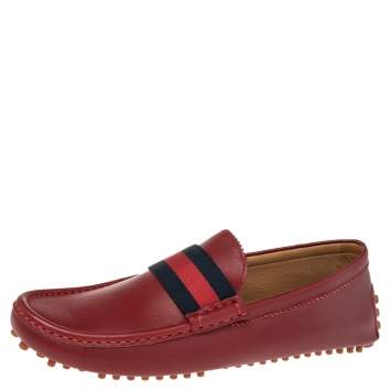 Pre Owned Gucci Red Leather New Auger Sylvie Web Accent Loafers Size 42.5