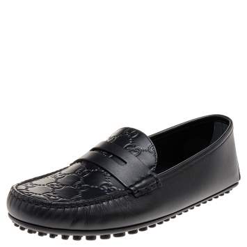 Pre Owned Gucci Black Guccissima Leather Penny Loafers Size 40