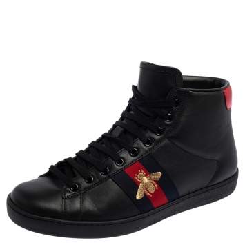 Pre Owned Gucci Black Leather Embroidered Bee Ace High Top Sneakers Size 42
