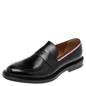 Pre Owned Gucci Black Glossy Leather Web Trim Loafers Size 43