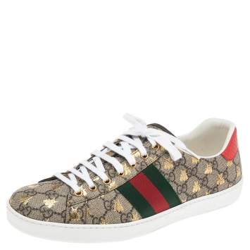 Pre Owned Gucci Beige/Red Canvas And Python Embossed Leather Ace Low Top Sneakers Size 43