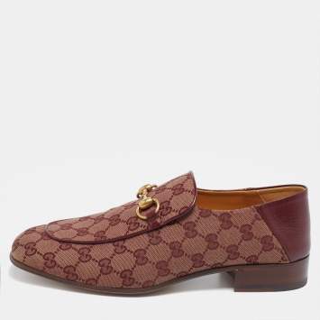 Pre Owned Gucci Burgundy/Beige GG Canvas Quentin Horsebit Slip On Loafers Size 42.5