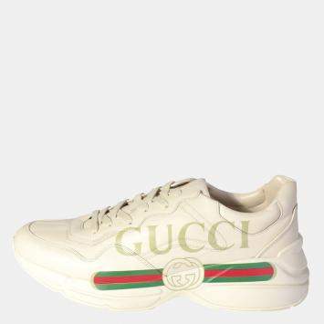 Pre Owned Gucci White Leather Rhython Logo Sneaker EU 45