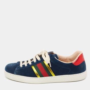 Pre Owned Gucci Blue Velvet and Leather Web Ace Sneakers Size 40