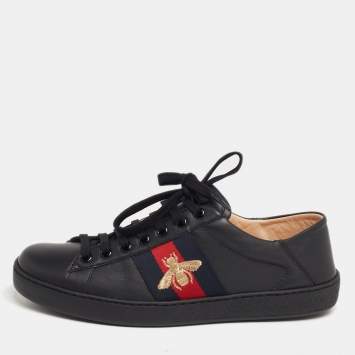 Pre Owned Gucci Black Leather Embroidered Bee Web Ace Low-Top Sneakers Size 40
