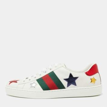 Pre Owned Gucci White Leather Metallic Stars Ace Low-Top Sneakers Size 39