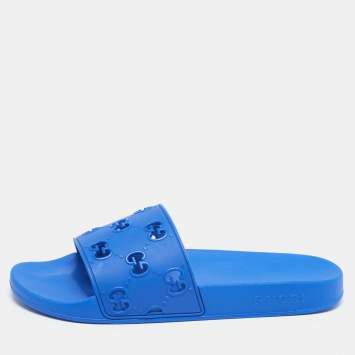 Pre Owned Gucci Blue GG Rubber Flat Slides Size 43 