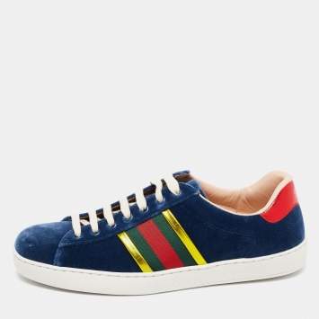 Pre Owned Gucci Blue Velvet And Leather Web Detail Low Top Sneakers Size 39.5