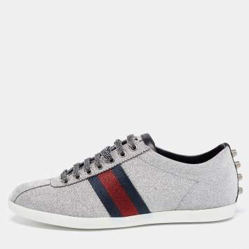 Pre Owned Gucci Metallic Silver Glitter Web Detail Studded Low Top Sneakers Size 40