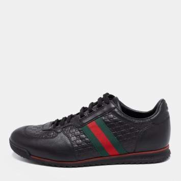 Pre Owned Gucci Black Microguccissima Leather Web Low Top Sneakers Size 44