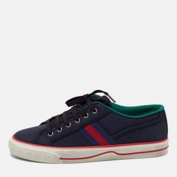 Pre Owned Gucci Blue Canvas Web Detail Tennis Low Top Sneakers Size 41.5