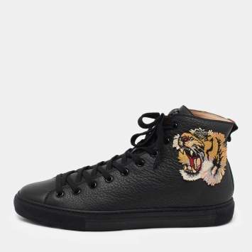 Pre Owned Gucci Black Leather Tiger Patch High Top Sneakers Size 41
