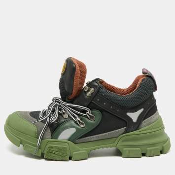 Pre Owned Gucci Green/Black Leather And Mesh Flashtrek Low Top Sneakers Size 43