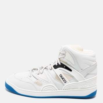 Pre Owned Gucci Grey/White Leather And Fabric Basket Ball High Top Sneakers Size 42 