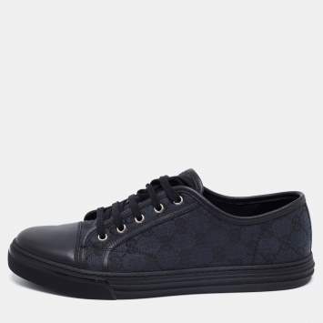 Pre Owned Gucci Black/Green Leather And GG Canvas Lace Up  Sneakers Size 43.5
