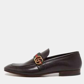Pre Owned Gucci Brown Leather GG Marmont Web Loafers Size 46