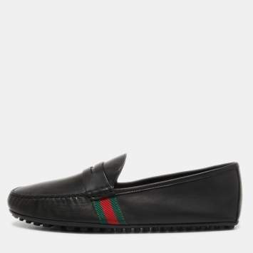 Pre Owned Gucci Black Leather Web Detail Penny Slip On Loafers Size 46