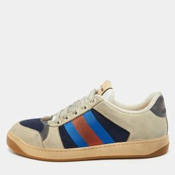 Pre Owned Gucci Grey/Cream Leather and Nubuck Screener Sneakers Size 38.5