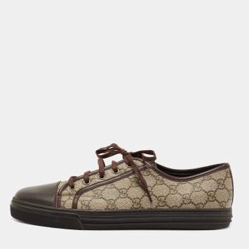 Pre Owned Gucci Beige/Brown Supreme Canvas And Leather Cap Toe Low Top Sneakers Size 44