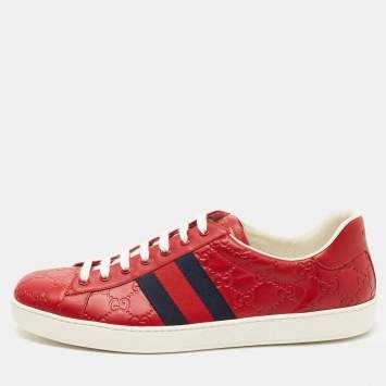 Pre Owned Gucci Red Guccissima Leather Ace Low Top Sneakers Size 44.5