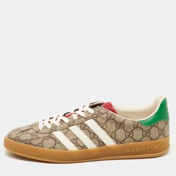 Pre Owned Adidas x Gucci Beige/Brown GG Canvas Gazelle Low Top Sneakers Size 44