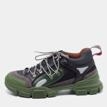 Pre Owned Gucci Green/Black Leather And Mesh Flashtrek Low Top Sneakers Size 44