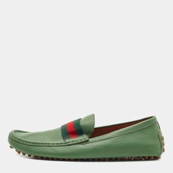 Pre Owned Gucci Gucci Green Leather Web Loafers Size 45.5