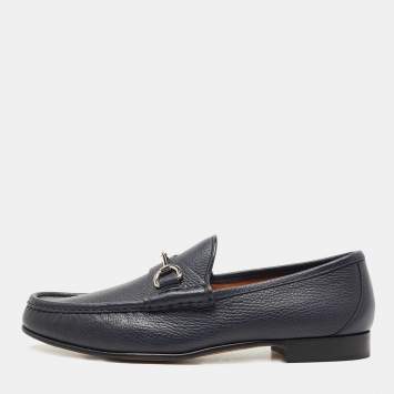 Pre Owned Gucci Navy Blue Leather Horsebit 1953 Loafers Size 45