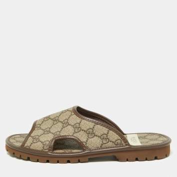 Pre Owned Gucci Brown/Beige GG Supreme Canvas Slides Size 39