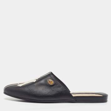 Pre Owned Gucci Black Leather NY Yankees Flat Mules Size 44.5