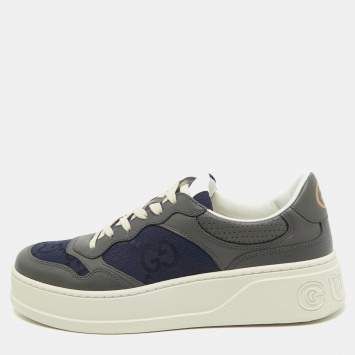 Pre Owned Gucci Navy Blue/Grey GG Canvas and Leather Chunky B Sneakers Size 43