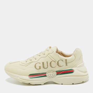 Pre Owned Gucci Cream Leather Logo Print Rhyton Sneakers Size 45