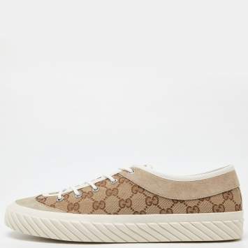 Pre Owned Gucci Gucci Brown/Beige GG Canvas and Suede Sneakers Size 43.5