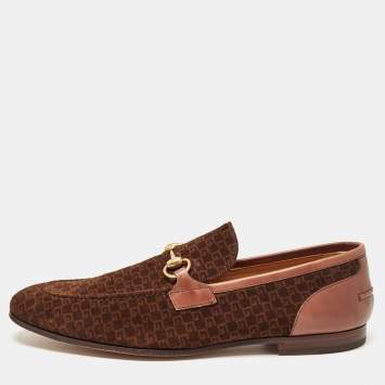 Pre Owned Gucci Brown Mini G Cube Suede Jordaan Loafers Size 44.5