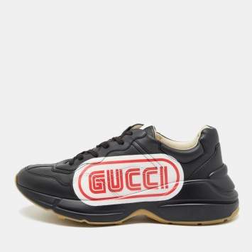 Pre Owned Gucci Black Leather Logo Rhyton Sneakers Size 41