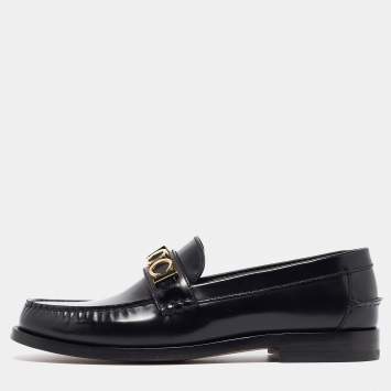 Pre Owned Gucci Black Leather Logo Embellished Cara Loafers Size 43.5