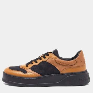 Pre Owned Gucci Brown/Black Leather and Monogram Canvas Low Top Sneakers Size 44