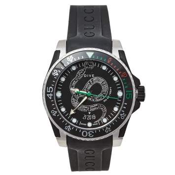 Pre Owned Gucci Black Stainless Steel Snake Motif Dive YA136323 Men's Wristwatch 40 mm