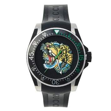 Pre Owned Gucci Black Stainless Steel & Rubber Tiger Motif Dive YA136318 Men's Wristwatch 40 mm