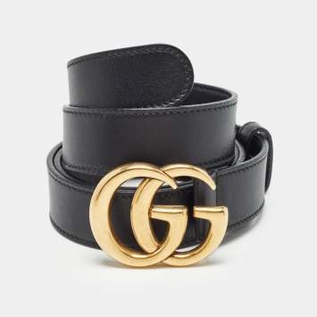 Pre Owned Gucci Black Leather GG Marmont Slim Belt 95 CM