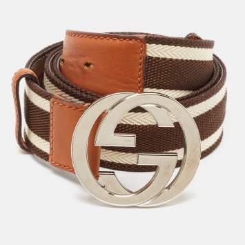 Pre Owned Gucci Brown/Beige Canvas and Leather Interlocking G Buckle Belt 105 CM