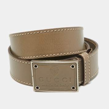 Pre Owned Gucci Beige Leather Logo Square Buckle Belt 100CM