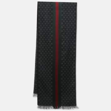 Pre Owned Gucci Grey Web Striped GG Jacquard Wool Scarf