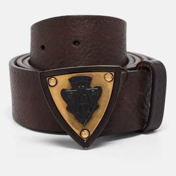 Pre Owned Gucci Dark Brown Leather Hysteria Crest Buckle Belt 105 CM