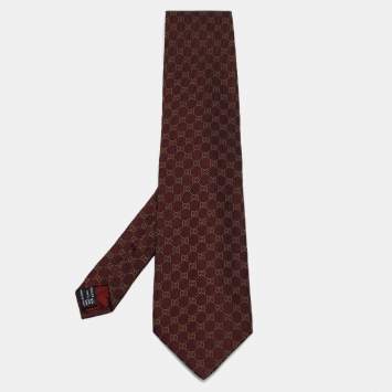 Pre Owned Gucci Burgundy GG Jacquard Silk Traditional Tie 