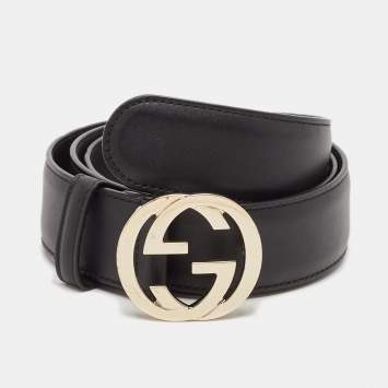 مملوكة مسبقًا Gucci Black Leather Interlocking G Buckle Belt 90 CM