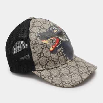 Pre Owned Gucci Beige/Black GG Supreme Canvas and Mesh Wolf Baseball Cap S