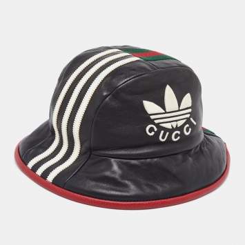Gucci x Adidas Black Web Trim Leather Bucket Hat S/56 cm